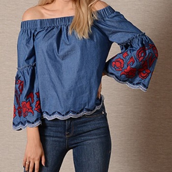 Love Kuza Tops - Boutique brand LOVE KUZA chambray off shoulder top